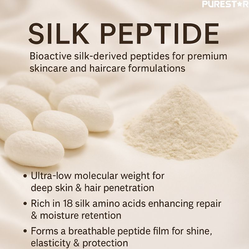 Silk peptide powder from silk cocoons, low molecular weight peptides for premium skincare and haircare formulations.