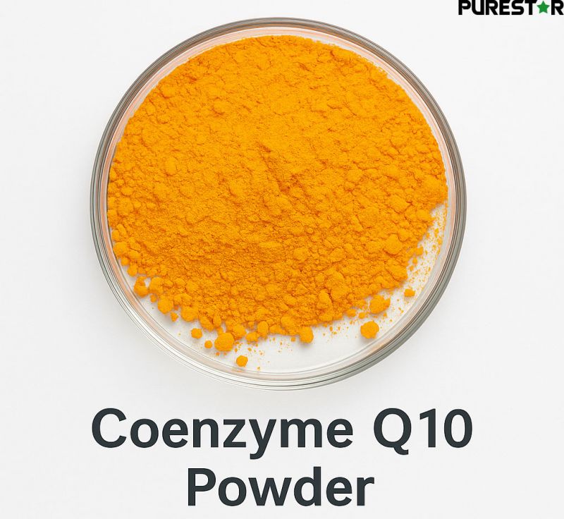 High-purity coenzyme Q10 powder (ubiquinone), lipid-soluble quinone suitable for oil-based formulations and softgel applications.