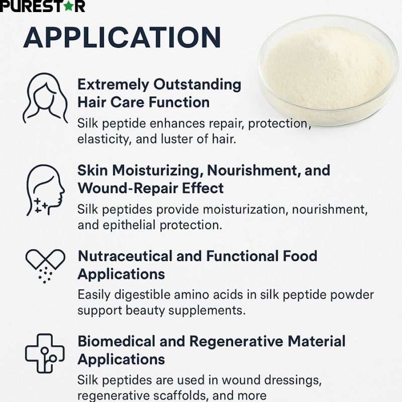 Silk peptide powder application infographic showing key uses in hair care, skin nourishment, functional foods, and biomedical materials.