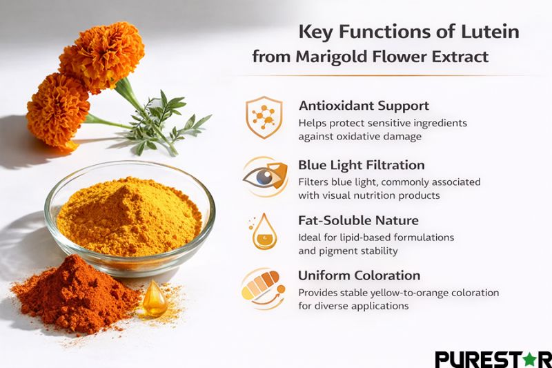 Marigold flower extract lutein is a fat-soluble carotenoid that supports formulation stability, light-absorption performance, and consistent yellow-orange coloration in a wide range of industrial applications.