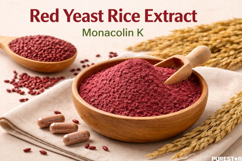 Red Yeast Rice Extract in fine powder form produced through controlled fermentation, featuring natural red coloration and standardized Monacolin K content.