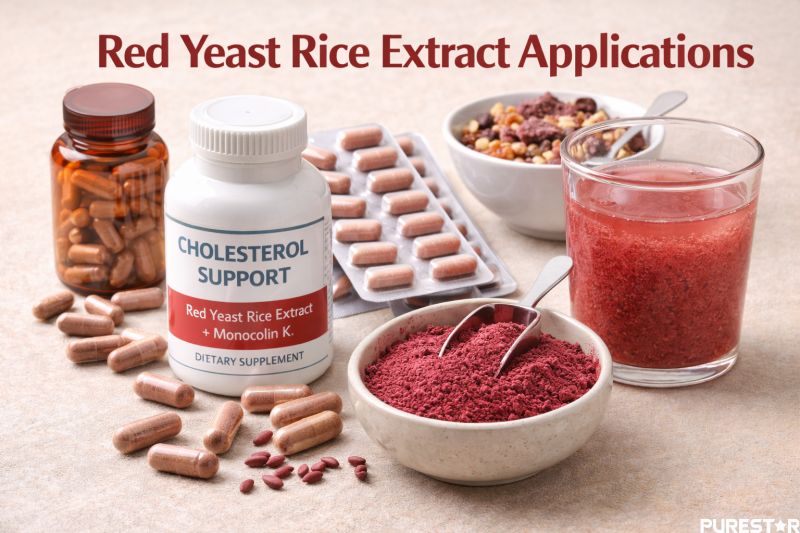 Applications of Red Yeast Rice Extract in dietary supplements and functional foods formulated with Monacolin K for cholesterol and metabolic support.