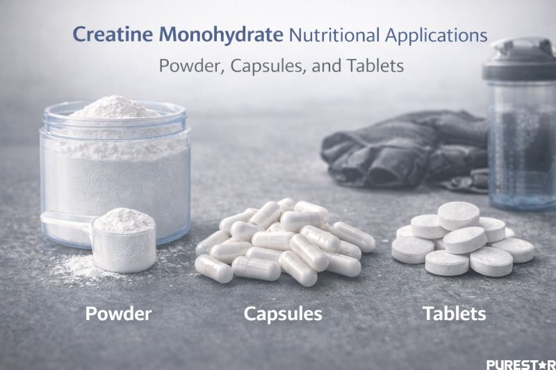 Creatine monohydrate formulated into powder, capsule, and tablet formats for diverse nutritional and supplement applications.
