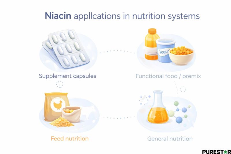 Niacin applications across nutrition systems including dietary supplements, functional food premixes, and feed formulations