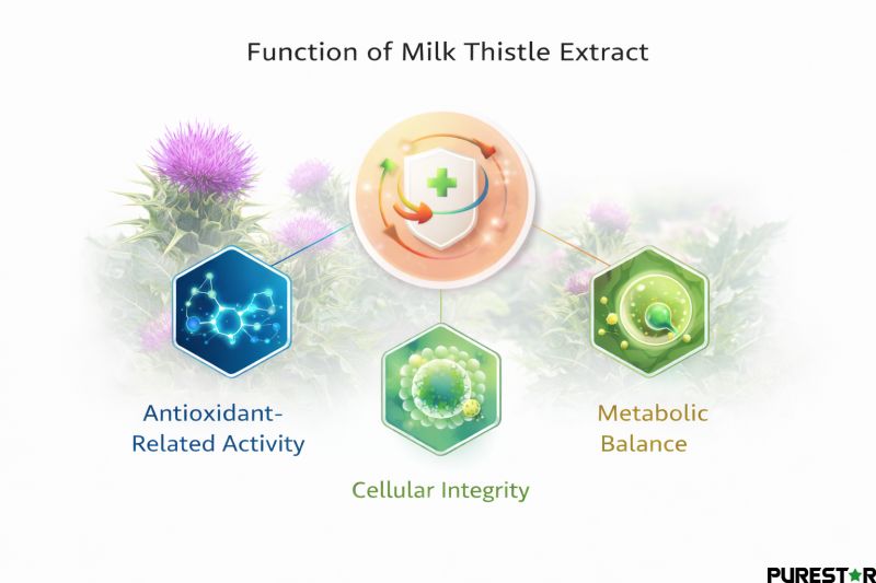 Milk thistle extract functional overview showing silymarin and silybin associated with antioxidant activity, cellular integrity, and metabolic balance, alongside milk thistle plant imagery.
