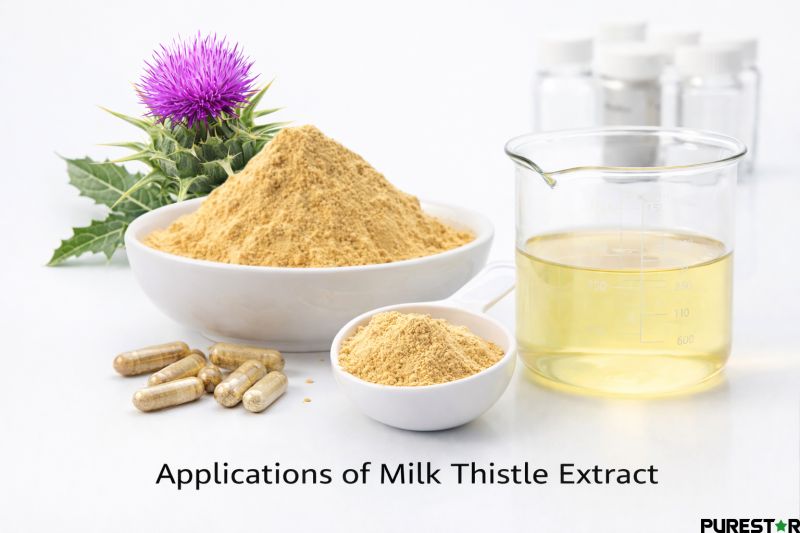 Milk thistle extract applied in dietary supplements, functional foods, and botanical formulations featuring standardized silymarin and silybin content.