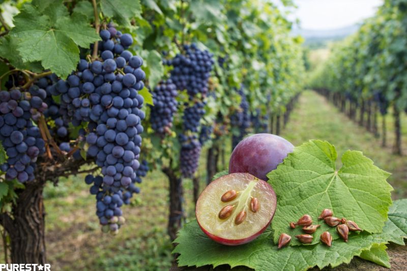 Grape seed botanical source showing Vitis vinifera vines, grape clusters, and grape seeds used for grape seed extract production