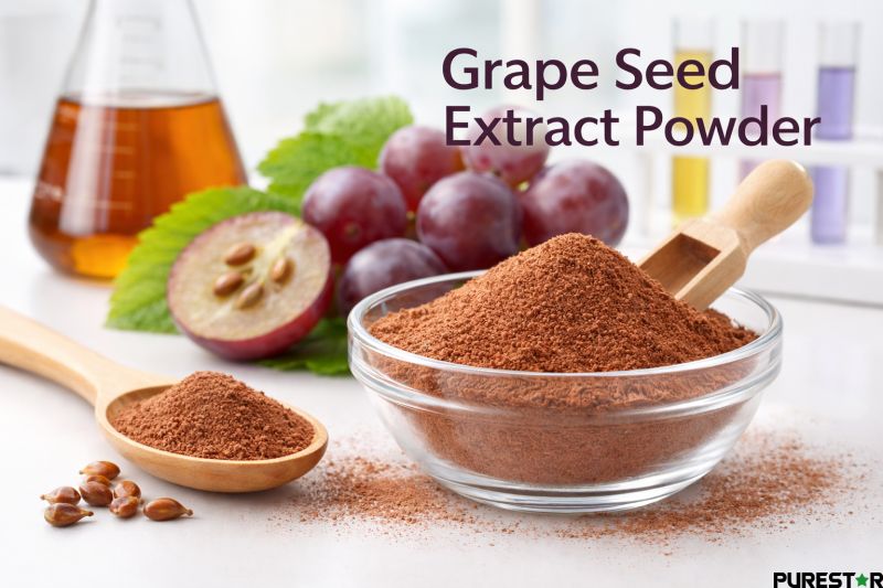 Grape seed extract OPC in reddish brown fine powder form, illustrating the typical appearance and texture of standardized grape seed extract