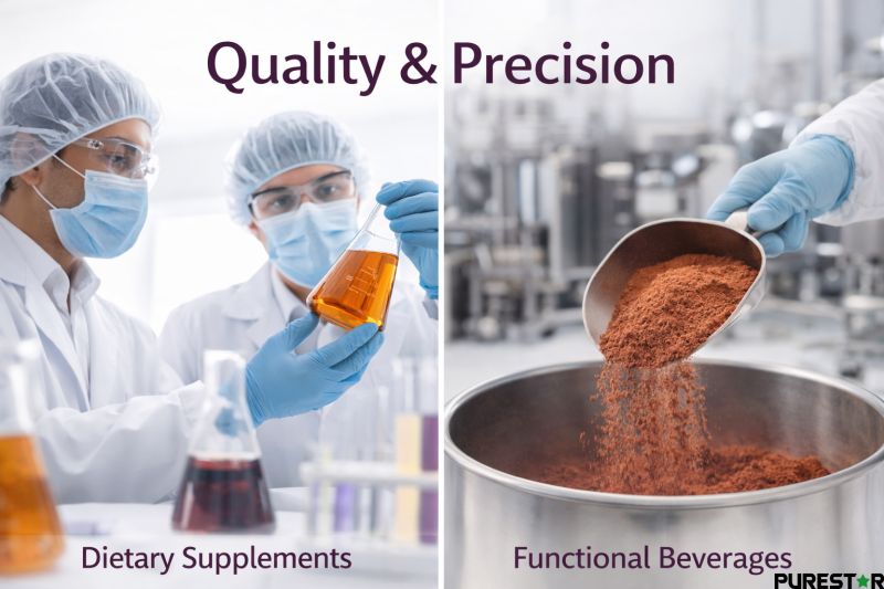 Quality control and processing concept for grape seed extract OPC, highlighting laboratory analysis and controlled manufacturing conditions