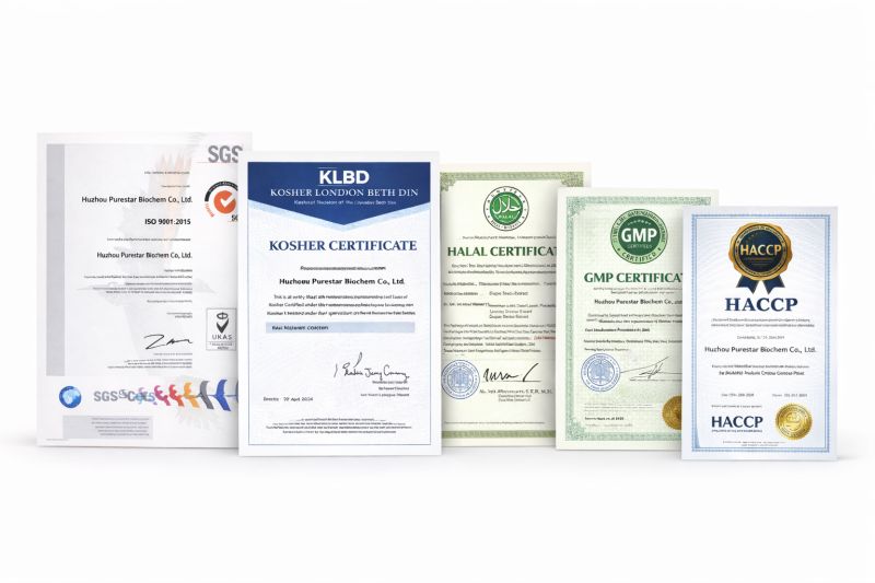 ISO 9001, GMP, HACCP, Halal, and Kosher certifications supporting quality management and food safety compliance for ingredient manufacturing