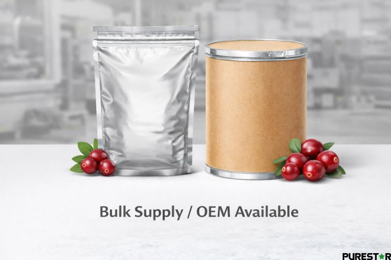 Bulk supply packaging options for cranberry extract powder including foil bags and fiber drums for OEM and industrial use