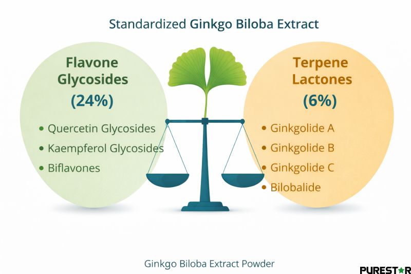 Standardized Ginkgo Biloba Extract composition showing 24% flavone glycosides and 6% terpene lactones as key active component groups