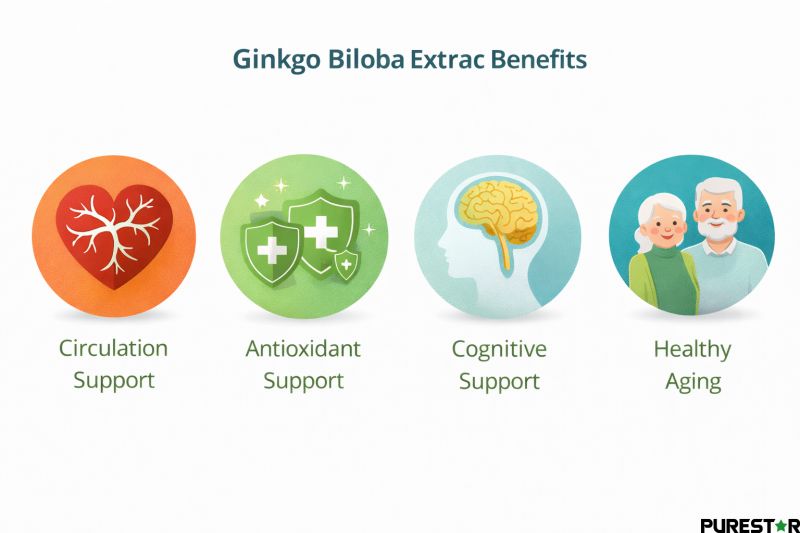 Ginkgo Biloba Extract used in formulations focused on circulation support, antioxidant activity, cognitive support, and healthy aging concepts