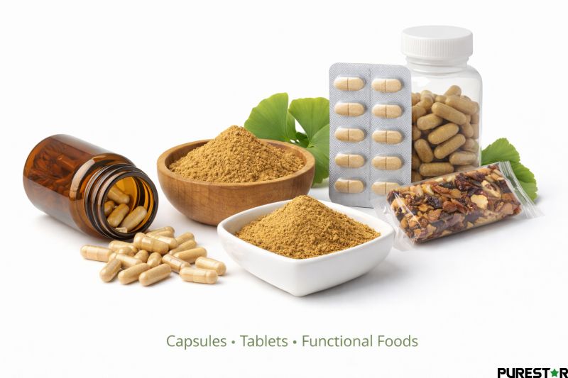Ginkgo Biloba Extract applications in capsules, tablets, powders, and functional food formulations for dietary supplement development