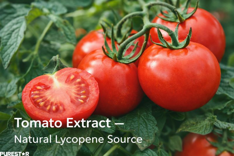 Tomato Extract as a natural source of lycopene, featuring ripe red tomatoes used for producing Lycopene Extract raw material