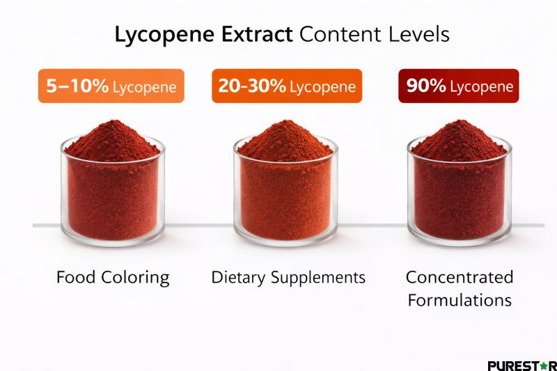 Different Lycopene Extract content levels including 5–10%, 20–30%, and high-concentration lycopene for various formulation uses