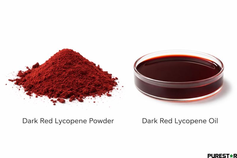 Lycopene Extract appearance showing dark red lycopene powder and oil form for food, cosmetic, and nutraceutical applications