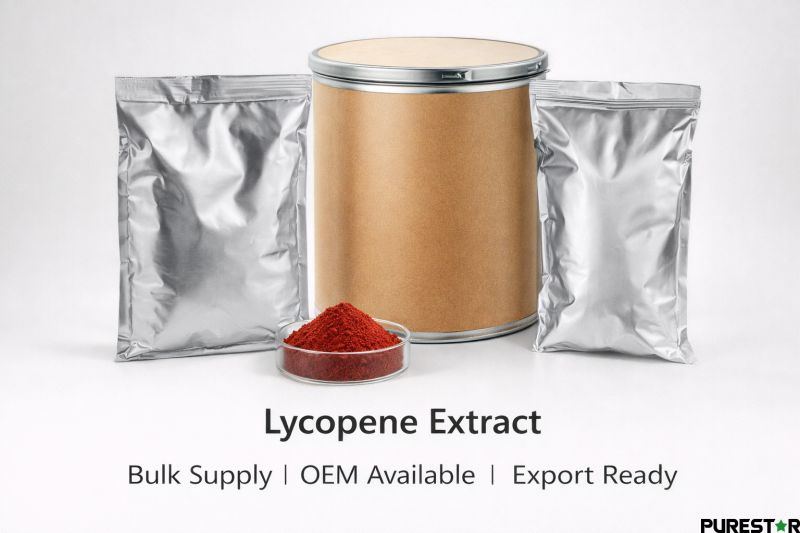 Bulk packaging of Lycopene Extract including foil bags and fiber drums for OEM supply and global export