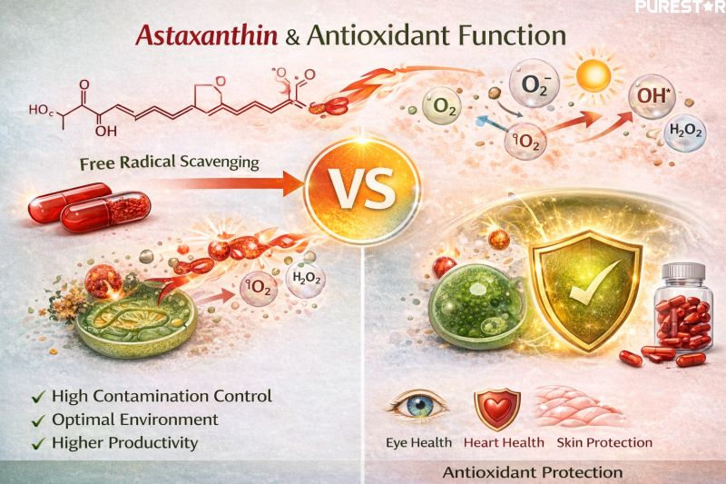 Natural astaxanthin antioxidant mechanism from Haematococcus pluvialis demonstrating free radical scavenging cellular protection and oxidative stress reduction