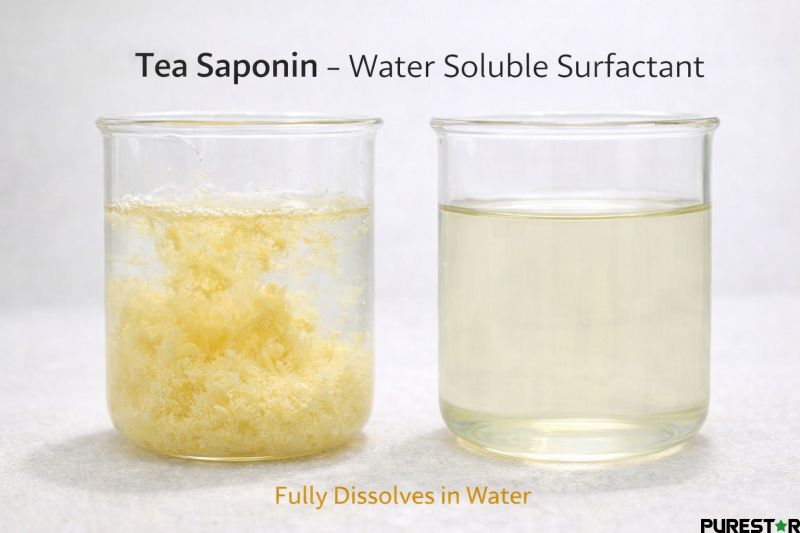Camellia oleifera seed extract tea saponin fully soluble in water demonstrating natural tea saponin surfactant solubility and emulsifying performance in aqueous systems