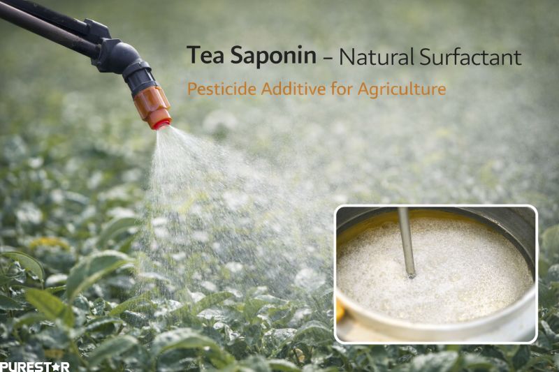Camellia oleifera seed extract tea saponin used as natural surfactant additive in pesticide spraying, improving agrochemical wetting and dispersion efficiency in agriculture