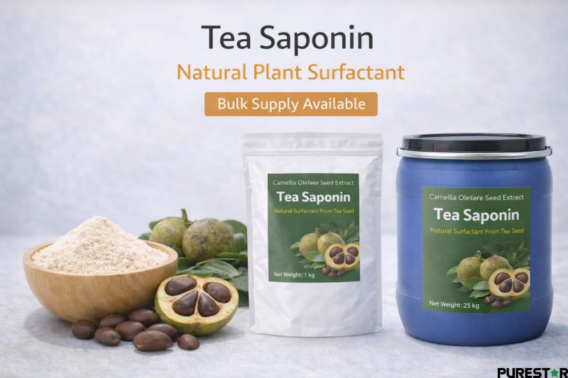 Camellia oleifera seed extract tea saponin bulk supply packaging including 1kg foil bag and 25kg drum, professional tea saponin supplier for global industrial applications
