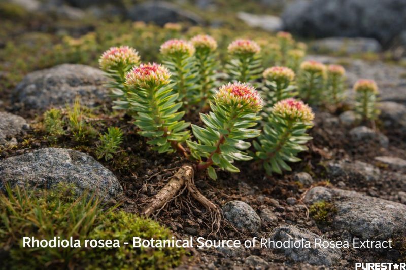 Rhodiola rosea plant growing in alpine environment showing botanical source of Rhodiola Rosea Extract with visible roots and natural high-altitude habitat used for standardized extract production