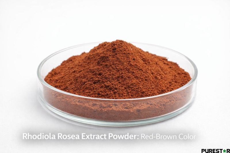 Rhodiola Rosea Extract powder in glass petri dish showing red-brown fine powder appearance standardized to salidroside and rosavin for dietary supplement and functional food manufacturing