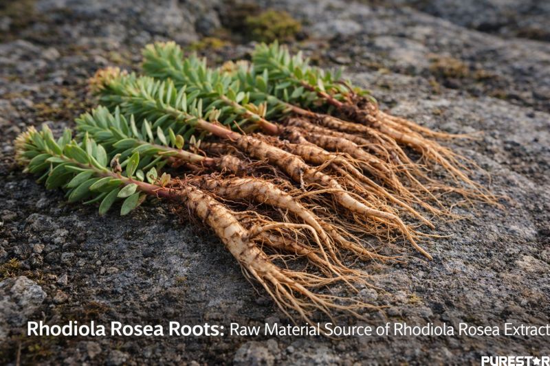 Fresh Rhodiola rosea roots used as raw material for Rhodiola Rosea Extract production showing botanical source rich in salidroside and rosavin for nutraceutical and supplement applications