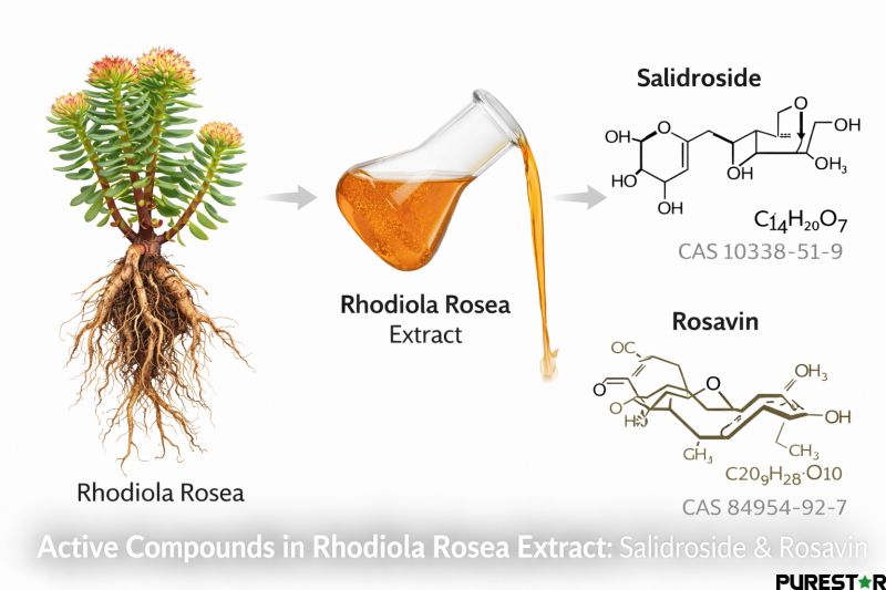 Active compounds in Rhodiola Rosea Extract showing salidroside and rosavin derived from Rhodiola rosea root illustrating key phytochemicals responsible for extract standardization and quality