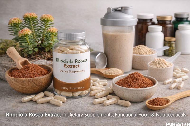 Rhodiola Rosea Extract used in dietary supplements, capsules, and nutraceutical formulations showing application of standardized botanical extract in functional food and wellness products