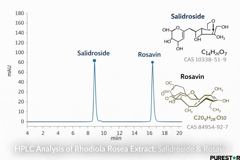 HPLC analysis of Rhodiola Rosea Extract showing salidroside and rosavin peaks used for quality control, standardization, and verification of active compounds in botanical extract manufacturing