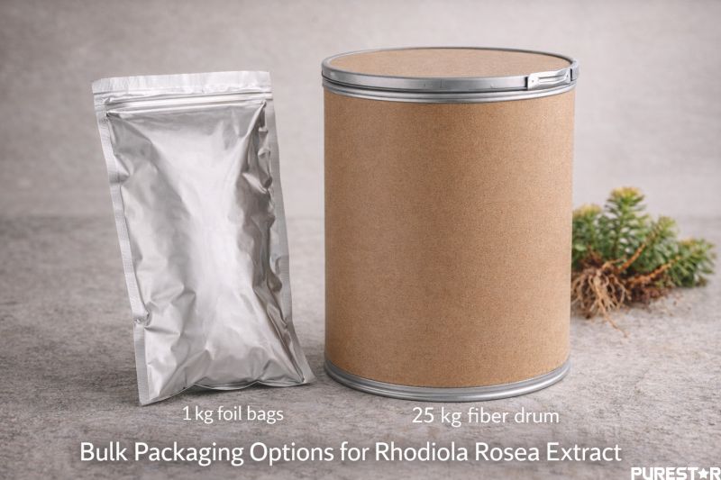 Bulk packaging options for Rhodiola Rosea Extract including 1 kg foil bag and 25 kg fiber drum suitable for global supply, supplement manufacturing, and nutraceutical ingredient distribution