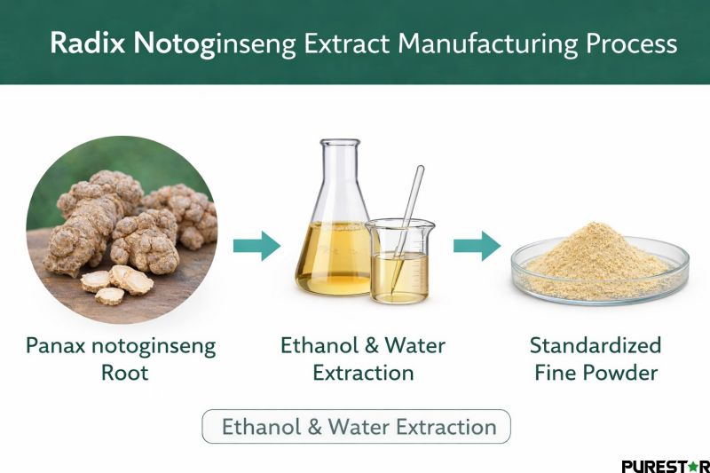 Radix Notoginseng Extract manufacturing process showing Panax notoginseng root, ethanol and water extraction, and standardized Notoginsenosides powder production