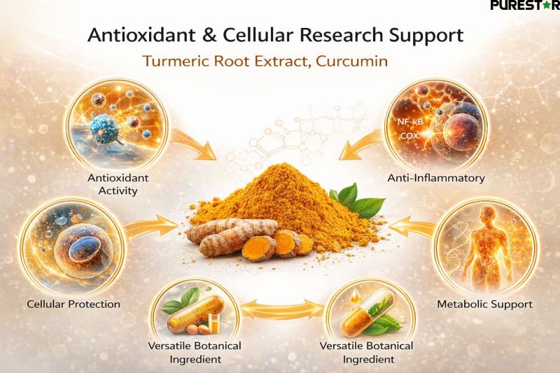 Turmeric Root Extract, Curcumin multifunctional botanical ingredient illustration highlighting antioxidant and metabolic research relevance