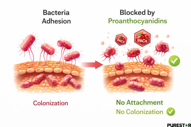 Proanthocyanidins in cranberry blocking bacterial adhesion and preventing urinary tract colonization mechanism illustration