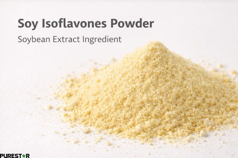 Soy isoflavones powder extracted from soybean showing fine light yellow nutraceutical ingredient