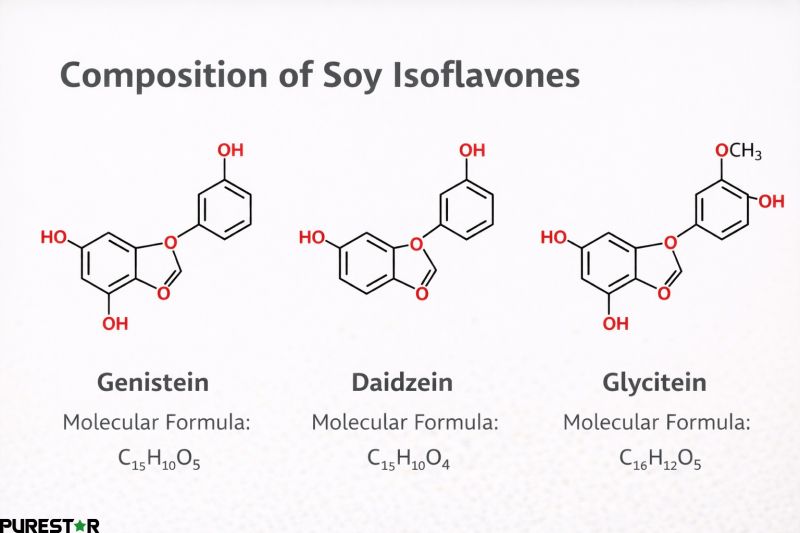 Composition of soy isoflavones showing genistein, daidzein, and glycitein chemical structures in soybean extract