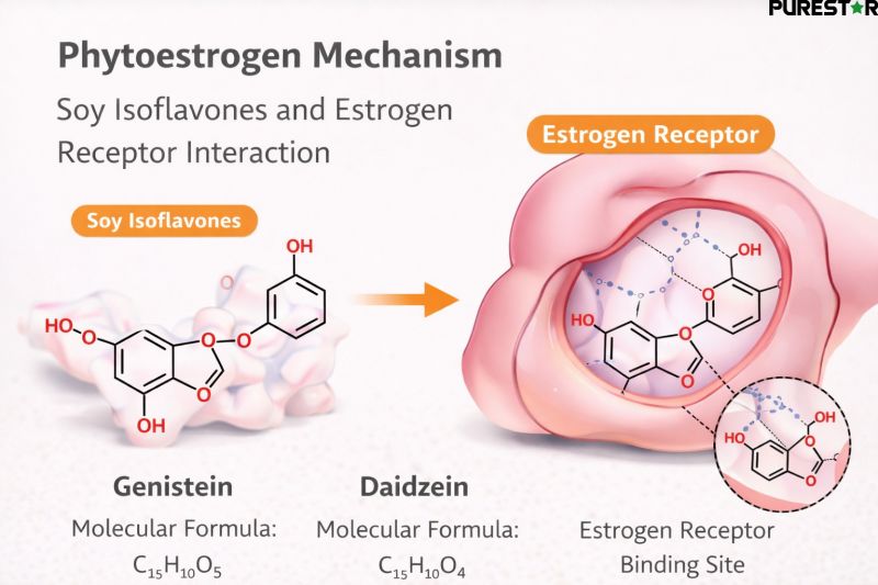 Phytoestrogen mechanism diagram showing soy isoflavones interaction with estrogen receptor binding site