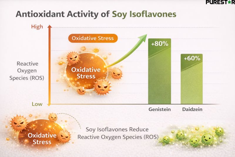 Antioxidant activity of soy isoflavones infographic illustrating reduction of reactive oxygen species (ROS) with genistein and daidzein