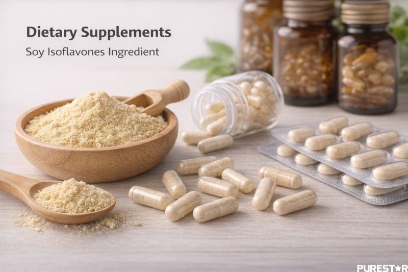 Dietary supplements application image showing soy isoflavones powder, capsules, and blister packs for nutraceutical formulations