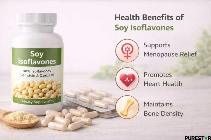 Health benefits of soy isoflavones infographic highlighting menopause support, heart health, and bone density maintenance
