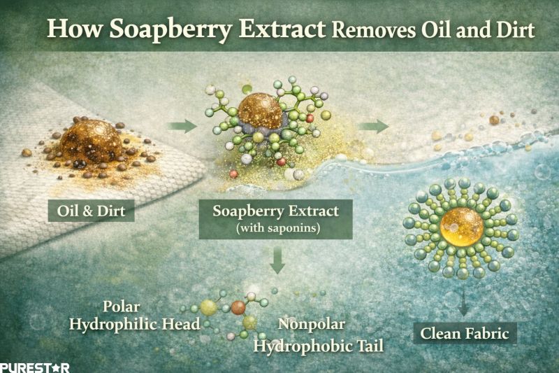 cleaning mechanism of soapberry extract where saponins surround oil and dirt forming micelles and washing away impurities