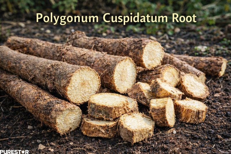 Dried polygonum cuspidatum root raw material used for extraction of giant knotweed extract resveratrol for dietary supplement and nutraceutical manufacturing
