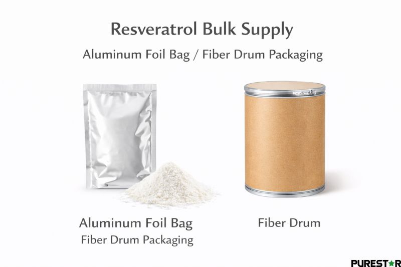 Bulk supply packaging of resveratrol powder including aluminum foil bag and fiber drum used for nutraceutical ingredient export and global distribution
