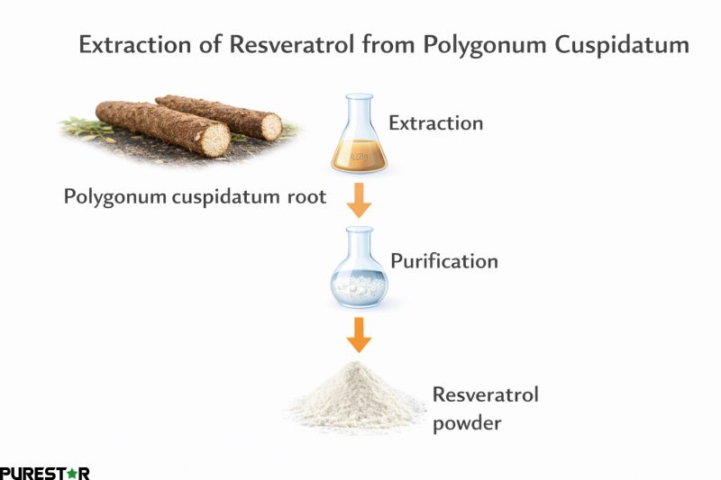 Extraction process of resveratrol from polygonum cuspidatum root showing purification steps used to produce standardized trans-resveratrol powder