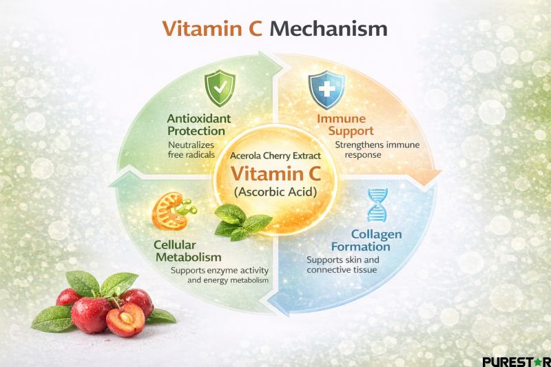 acerola cherry extract vitamin c antioxidant immune collagen mechanism infographic