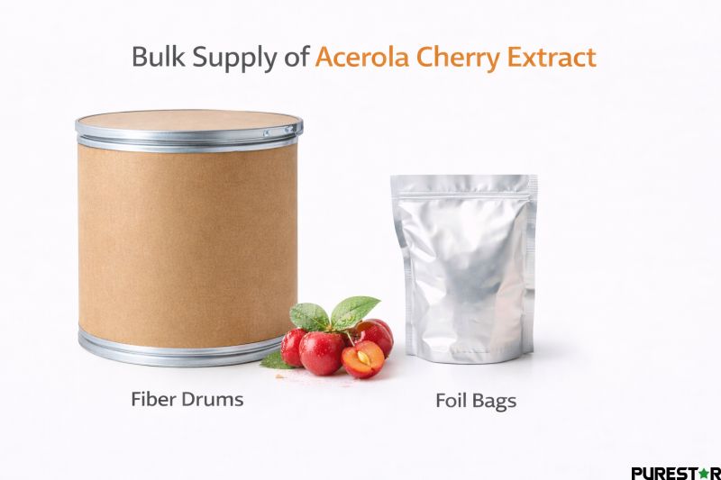 acerola cherry extract bulk supply packaging aluminum foil bags fiber drums b2b ingredient supplier