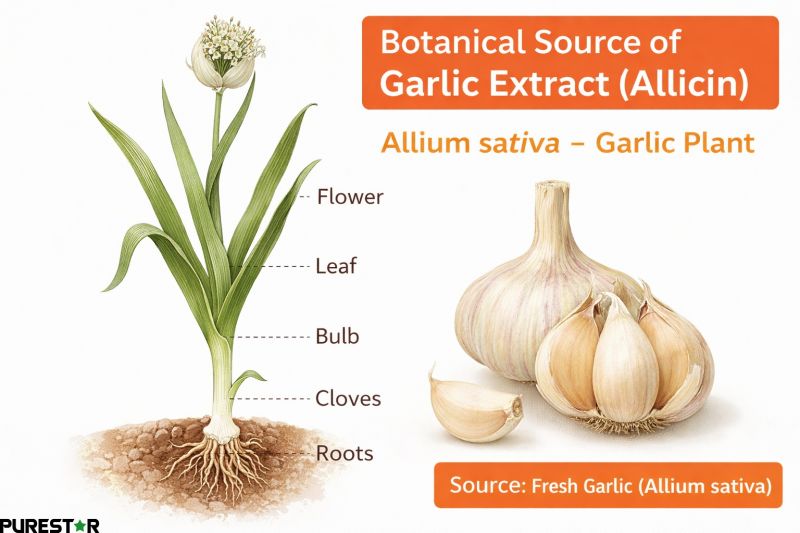 Botanical illustration of Allium sativa garlic plant showing bulb, leaves, roots and cloves, the natural source used to produce Garlic Extract Allicin for dietary supplements, functional foods and feed additives.