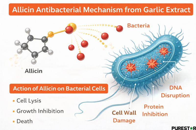 Scientific diagram showing the antibacterial mechanism of allicin from Garlic Extract, illustrating how allicin disrupts bacterial cell walls, proteins and DNA to inhibit microbial growth.